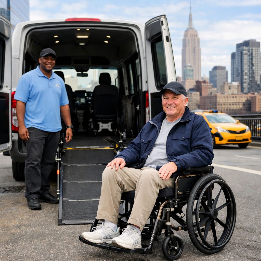 A friendly driver assisting a senior passenger in a wheelchair at the door of an accessible taxi.